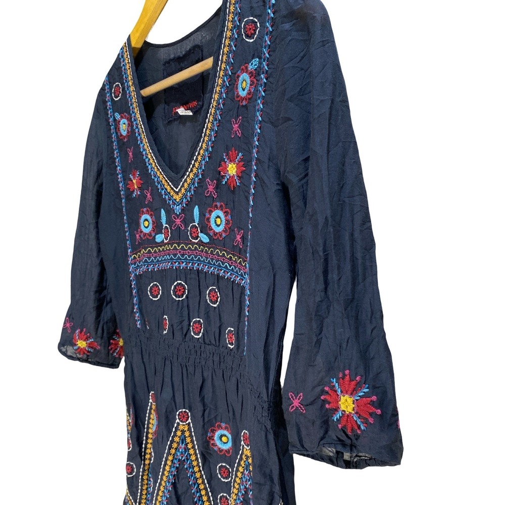 Johnny Was 3J Workshop Embroidered Silk Blend Boho Dress Black XS V-Neck Smocked - Picture 8 of 12